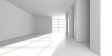 Parlak doğal ışık ve geometrik şekillere sahip minimalist modern mimari. 3d hazırlayıcı.