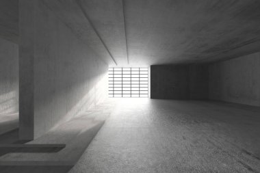 Minimalist beton iç mekan ve şebeke penceresinden ışık geçiyor. 3d hazırlayıcı.