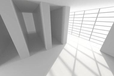 Modern mimari tasarımda güneş ışığı ve gölgelerle minimalist iç mekan. 3d hazırlayıcı.