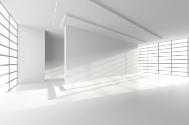Minimalist beyaz mimari iç tasarım, doğal ışık ve gölgeler. 3d hazırlayıcı.