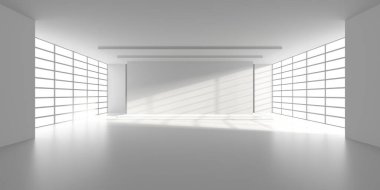 Minimalist modern iç mekan, güneşli boş oda ve şebeke pencereleri. 3d hazırlayıcı.