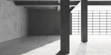 Beton duvarları ve doğal ışığı olan minimalist endüstriyel iç mekan. 3d hazırlayıcı.