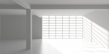 Modern tasarım kavramları için güneşli ızgara pencereli minimalist mimari iç mekan. 3d hazırlayıcı..
