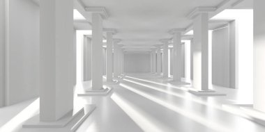 Mimari tasarım için sütunları ve yumuşak ışık demetleri olan gelecekçi beyaz koridor. 3d hazırlayıcı.