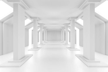 Sütunları ilham veren minimalist beyaz mimari koridorlar. 3d hazırlayıcı.