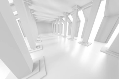 Soyut geometrik sütunlar ve simetrik tasarımı olan fütüristik beyaz iç tasarım. 3d hazırlayıcı.