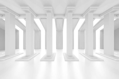 Simetrik kolonları olan gelecekçi beyaz mimari alan. 3d hazırlayıcı..