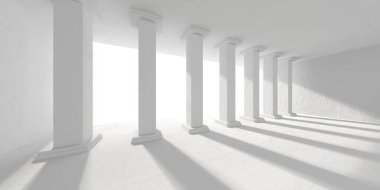 Minimalist simetrik antik sütunlar mimarisi. 3d hazırlayıcı..