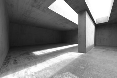 Modern tasarım esin kaynağı için beton duvarları ve tavan pencereleri olan minimalist mimari iç mekan. 3d hazırlayıcı.