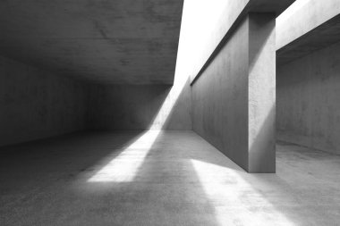 Beton duvarları ve güneş ışığı gölgeleri olan minimalist mimari alan. 3d hazırlayıcı.