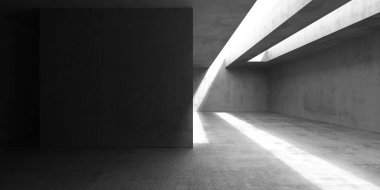 Dramatik ışık ve gölgesi olan minimalist mimari alan. 3d hazırlayıcı..