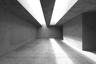 Beton duvarları olan minimalist mimari iç mimari ve modern tasarım için çarpıcı bir ışık oyunu. 3d hazırlayıcı..