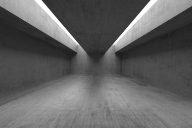 Beton duvarları ve tavanı olan modern endüstriyel iç tasarım. 3d hazırlayıcı.