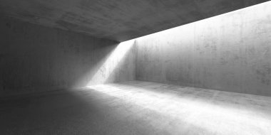 Minimalist beton iç döşeme, ışık huzmesi ve dokulu duvarlar. 3d hazırlayıcı.