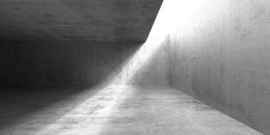 Dramatik ışıklandırması olan minimalist endüstriyel beton alan. 3d hazırlayıcı.