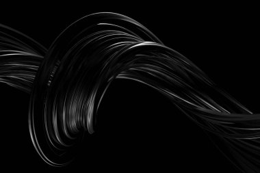 Karanlık arka planda soyut dalgalı siyah metalik çizgili heykel. 3d hazırlayıcı..