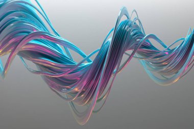 Soyut bükülme mavi ve pembe metalik kurdeleler ve eğimli yansımalar. 3d hazırlayıcı.