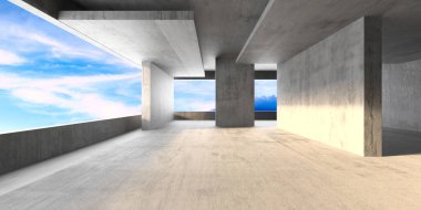 Minimalist beton döşeme, gökyüzüne bakan büyük pencereler. 3d hazırlayıcı..