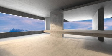 Açık gökyüzü manzaralı modern mimari beton yapı. 3d hazırlayıcı.