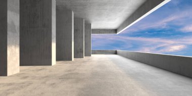 Sanatsal iç tasarım için açık gökyüzü görüşü olan modern mimari beton alan. 3d hazırlayıcı..