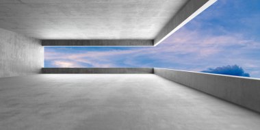 Açık gökyüzü görüşlü modern mimari koridor, çağdaş alanlar için minimalist tasarım. 3d hazırlayıcı.