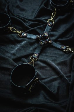 Koyu renk kumaş arka planda pirinç tokalı siyah deri kayış takımı..