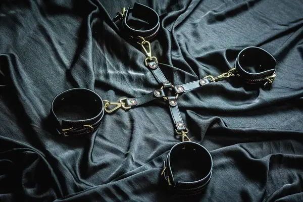 İpek kumaş arka planında siyah deri bağlar.