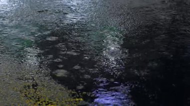 Yağmurlu yüzeyde dinamik ışık değişimleriyle soyut yansıma desenleri