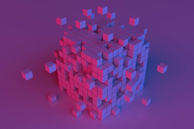Canlı mor ve pembe tonlarda fütüristik pikselleştirilmiş küp yapısı. 3d hazırlayıcı.