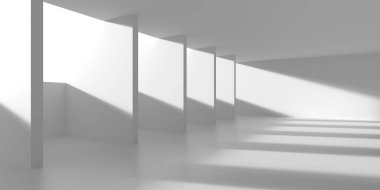 Günışığı geometrik gölgeli modern minimalist beyaz iç mekan. 3d hazırlayıcı.