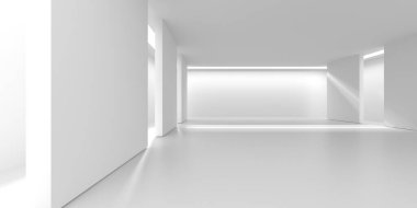 Modern mimari için hafif ışıklandırmalı minimalist beyaz oda iç tasarımı. 3d hazırlayıcı.