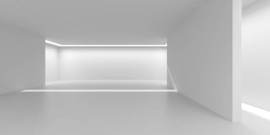 Minimalist beyaz oda içi yumuşak ışıklandırmalı. 3d hazırlayıcı..