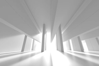 Güneş ışığı gölgeli gelecekçi beyaz mimari. 3d hazırlayıcı.
