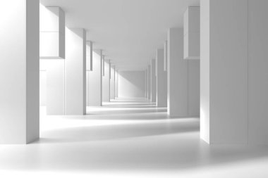 Simetrik sütunları ve gölgeleri olan modern mimari koridorlar. 3d hazırlayıcı.