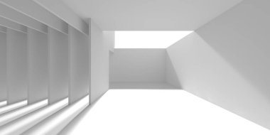 Dramatik ışıklandırmalı minimalist mimari iç tasarım. 3d hazırlayıcı.