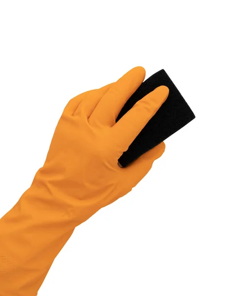 sponge for washing dishes in hand, hand in orange latex glove holding sponge isolated on white background, domestic chores
