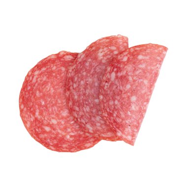 Beyaz arka planda izole edilmiş salam dilimleri, üç dilim dilimlenmiş salam sosisi.