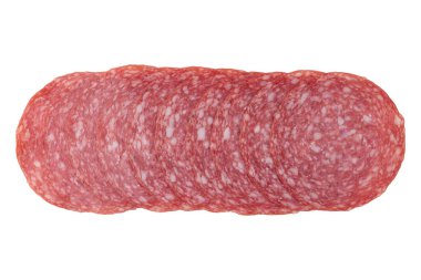 Dilimlenmiş salam sosisi, beyaz arka planda izole edilmiş salam sosisleri yaratmak için serili.