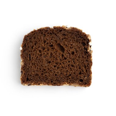 one slice of rye bread on white background, top view, fresh delicious homemade healthy baking