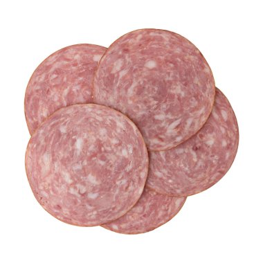 ham slices isolated on white background, heap pieces of sliced prosciutto laid out to create layout