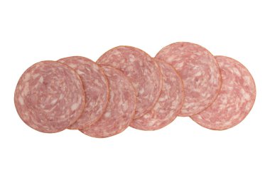 ham slices isolated on white background, heap pieces of sliced prosciutto laid out to create layout