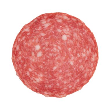 salami sausage slice isolated on white background, one piece of sliced salami sausage laid out to create layout