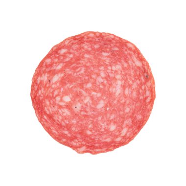 salami sausage slice isolated on white background, one piece of sliced salami sausage laid out to create layout