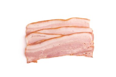 raw smoked bacon isolated, streaky brisket slices, fresh thin sliced bacon on white background