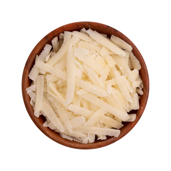 Geriebener Käse Parmesan Holzschüssel Isoliert Auf Weißem Hintergrund Ansicht Von — Stockfoto