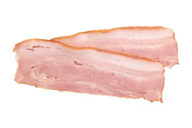raw smoked bacon isolated, streaky brisket slices, fresh thin sliced bacon on white background