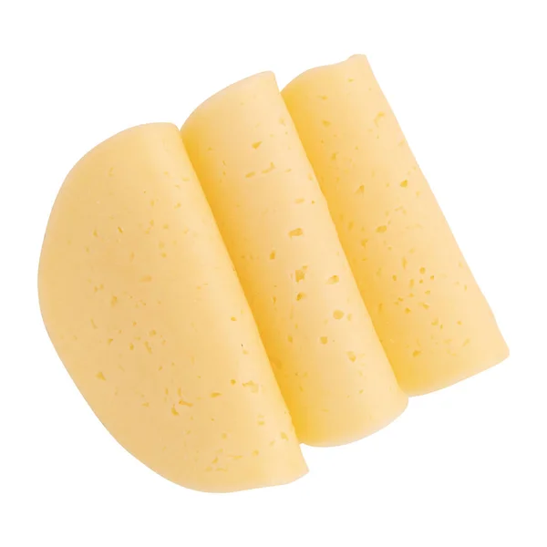 白い背景に孤立したチーズの折り畳まれたスライス レイアウトを作成するために配置されたグダチーズの丸いスライス チーズは断片にカット — ストック写真