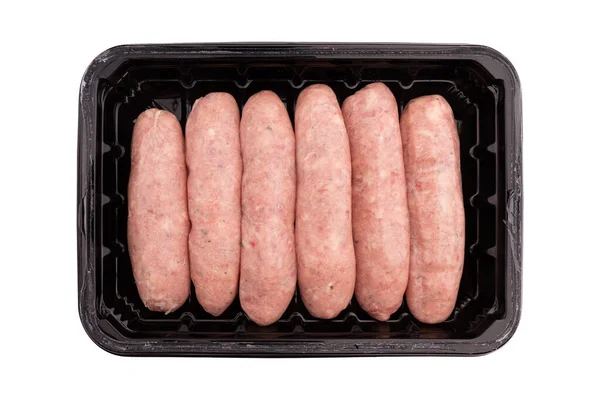 Salsichas Porco Não Cozidas Embalagens Plástico Alimentos Isolados Fundo Branco — Fotografia de Stock