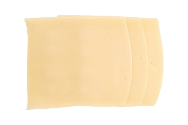 白い背景に分離されたチーズのスライス クリッピングパスでレイアウトを作成するために配置されたスライスされたゴウダチーズの断片 — ストック写真