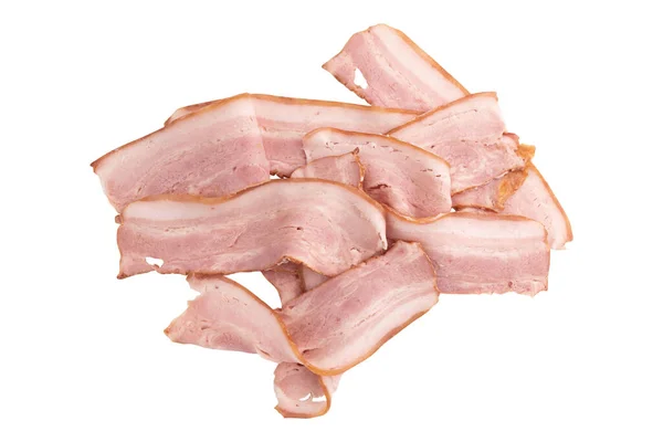 Heap Bacon Fumado Cru Isolado Fatias Peito Entremeadas Bacon Fatiado — Fotografia de Stock
